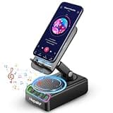 Adjustable Cell Phone Stand with Wireless Induction Bluetooth Speaker, HD Surround Sound & RGB Rhythm Lights, Foldable Portable Stand for Desk, Kitchen Counter, Home Office, Gift for Men Women Dad Mom