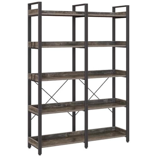 Seventable 5 Tier Large Bookshelf, 63" Tall Industrial Bookcase with 4 Hooks, Wooden Bookcase for Home Office Living Room, 43.3” Wide Standing Storage Shelf with Open Shelves, Grey