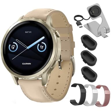 Garmin Venu 4 41mm Smartwatch Lunar Gold with Bone Band and Light Sand Leather Band 010-03013-03 Bundle with Deco Essentials 18mm Metal Bands 3 Pack, Charging Dock and Silicone Dust Cover 3 Pack