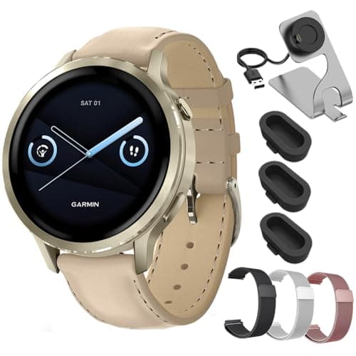 Garmin Venu 4 41mm Smartwatch Lunar Gold with Bone Band and Light Sand Leather Band 010-03013-03 Bundle with Deco Essentials 18mm Metal Bands 3 Pack, Charging Dock and Silicone Dust Cover 3 Pack