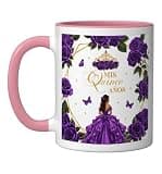 Mis Quince Años Enchanted Rose Purple Floral Princess Decor Ceramic Mug, Pink/White, 11oz