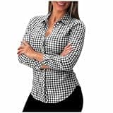 Womens Gingham Button Down Shirt Long Sleeve Collared Curved Hem Blouses Lightweight Fashion Casual Work Blouse Top Black