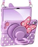 Boaretiu Kids Case for iPad A16 11th Generation 11 Inch 2025/for iPad 10th Gen 2022 10.9 Inch - Cute Girly Cartoon Soft 3D Silicone Cover with Strap & Rotating Stand for Girls Teens, Purple Bow Heart