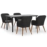 TUERYAFEK 5 Piece Acacia Wood Patio Dining Set with Tempered Glass Table and Cushioned Chairs Black