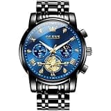 OLEVS Watch Men Luxury Black Watches for Men Blue Large Face Stainless Steel Waterproof Casual Mens Watches Classic Dress Analog Quartz Chronograph Diamond Wrist Watch Relojes para Hombres