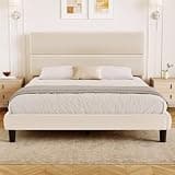 GRUSIGN Queen Size Platform Bed Frame with Velvet Headboard, Adjustable Height Wooden Slats Support, Upholstered Mattress Foundation, Fits Mattress or Mattress with Box Spring, Easy Assembly, Beige