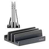 Nukoi Vertical Laptop Stand - SPACEMax Adjustable GRIPLock Anti-Tip Silicone 4 Slots Aluminum Desktop Holder - Double Dock Stand - 2 Phone Slots Fits Up to 17.3” Laptops, Tablets, Phones - Gray