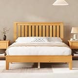 AMERLIFE Queen Size Bed Frame, Solid Wood Platform Bed with Vertical Slats Headboard, Wooden Bedframe Queen, Sturdy Wooden Slats Support, No Noise, Light Wood