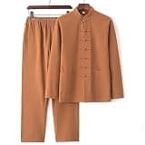 YSVQHHDV Men's Meditation Outfit Spring Autumn Comfortable Breathable Cotton Linen Prayer Clothing Christmas Halloween Birthday Gift (Light Brown,2XL)