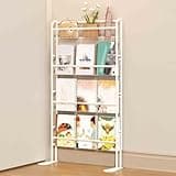 YPIEZI Behind The Door Bookshelf, 4-Tier Metal Bookcases with Support Leg, U-Shaped Fence & Side Railings, Narrow Tall Storage Shelf for Bedroom Living Room Entrance