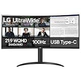 LG 34WR55QK-B 34-inch UltraWide WQHD (3440 x 1440) Curved Computer Monitor, 100Hz, 5ms, HDR10, Reader Mode, HDMI, DisplayPort, USB Type-C, Tilt/Height Adjustable Stand, Black