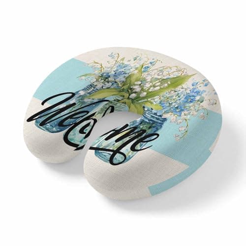 ZFUNCING Travel Pillows U-Shaped Neck Pillow Welcome Words Flowers Lavender Ergonomic Memory Foam Pillow Head Cushion,Retro Blue Striped Soft Portable Neck Pillows for Office Airplane Car Train