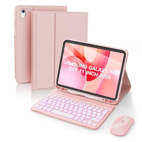 RAYMCRAFT Keyboard Case for Samsung Galaxy Tab S11 11-inch 2025 (SM-X730/SM-X736B), Mouse and Detachable Wireless Keyboard, 7-Color Backlt, Slim Case with Pencil Holder, Hot Pink