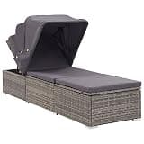 YUOGHRTFE Poly Rattan Sun Lounger with Canopy and Cushion, Adjustable Backrest, Gray, for Poolside Patio Balcony Camping