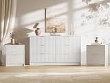 MAISONARIA 3-Piece Dresser Bedroom Set, 6 Drawer Dresser & 2 Drawer Nightstands with Gold Handles, Fluted Wood Chest of Drawers for Bedroom, Living Room, Entryway, White