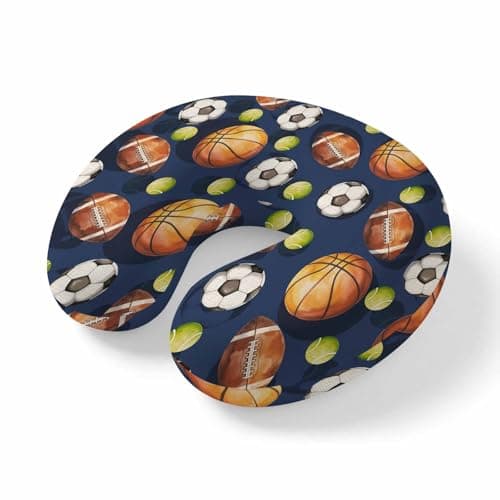 ZFUNCING Travel Pillows U-Shaped Neck Pillow Rugby Football Tennis on Blue Ergonomic Memory Foam Pillow Head Cushion,Funny Ball Sports Soft Portable Neck Pillows for Office Airplane Car Train
