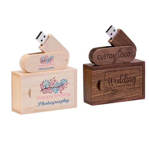 1GB USB 2.0 Personalized Custom Wood USB Flash Drive Wedding Swivel Thumb Drive with Gift Box, Customized Engraved Wooden Memory Sticks Jump Drives for Photography/Wedding/Company