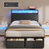 Fluest Twin Bed Frame with Storage Drawers, Upholstered Headboard with Charging Station, LED Lights, Fabric Drawers with Wheels, Under Bed Storage, No Box Spring Needed, Easy Assembly, Black
