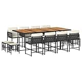 Kaorsrow 12-Seater Garden Dining Set Black PE Rattan Outdoor Furniture with Rectangular Acacia Wood Top Table and Chairs Foldable Design for Large Groups Patio Backyard Terrace and Balcony