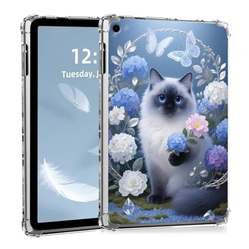 for iPad 9.7 Inch Case (2017/2018 Release),Clear Transparent Shockproof TPU Tablet Cover,Slim Lightweight Anti-Yellow Protective Case for iPad 9.7 2018,Cat with Blue Hydrangeas