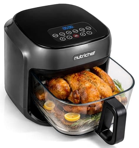 NutriChef Air Fryer with 6 Preset Modes | 7.5 Quart Digital Family Size Glass Bowl Air Fryer with Rack | 360° Cooking Visibility, Removable Glass Pot, Countertop Design | Fast & Even Airflow | Gray