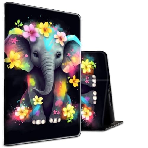 Case for Kindle Fire 7 Tablet (12th Gen, 2022 Release) and Fire 7 Kids Tablet (12th Gen, 2022 Release) PU Leather Shockproof Stand Protective Cover with Auto Sleep/Wake,Elephant with Flowers