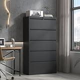 5-Drawer Lockable Lateral Steel File Cabinet, Black Heavy-Duty Wide Filing Cabinet, Holds Legal Letter A4 F4 Hanging Folders for Home & Commercial Office