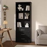 Garvee Bookshelf with 3 Drawers, 70" h Tall Bookcase with 3-Tier Open Shelves Wood Bookcase with Adjustable Shelf Kitchen Pantry Storage Organizer Cabinets for Living Room, Kitchen, Bathroom