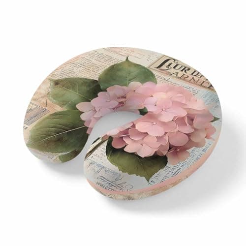 Travel Pillows U-Shaped Neck Pillow Watercolor Pink Flower on Vintage Letter Ergonomic Memory Foam Pillow Head Cushion,Spring Floral Leaf Soft Portable Neck Pillows for Office Airplane Car Train