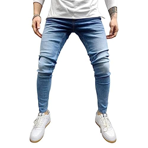 Men's Classic Skinny Jeans Solid Color Stretchy Denim Jeans Lightweight Basic Pants Vintage Distressed Denim Pants