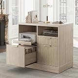 Perledesign 3 Drawer File Cabinet, Fluted Filing Cabinet for Home Office with Charging Station, Wooden Office Cabinet Fits for A4/Letter-Sized Files, Printer Stand with Storage Shelves, Light Oak