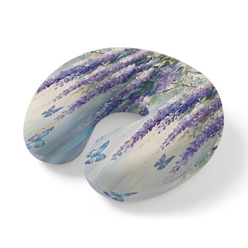 Travel Pillows U-Shaped Neck Pillow Purple Lavender Flower Butterfly Ergonomic Memory Foam Pillow Head Cushion,Watercolor Oil Painting Art Soft Portable Neck Pillows for Office Airplane Car Train