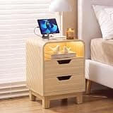 Night Stand with Charging Station, Nightstand with LED Light, 15.7" W Small Bedside Table for Bedroom, Modern Curved Edge Side Table, End Table with 2 Drawers| Natural Wood, 1Pack