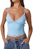 Women’s Sky Blue Double-Layer Lace Trim Crop Top – Adjustable Thin Straps with Quick-Release Buckles, Ribbed Base + Ethereal Lace Overlay, Gentle Summer Layering Piece 2026 XL