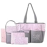 Baby Essentials Diaper Bag Tote 5 Piece Set with Sun, Moon, and Stars, Wipes Pocket, Dirty Diaper Pouch, Changing Pad (Grey/Pink)