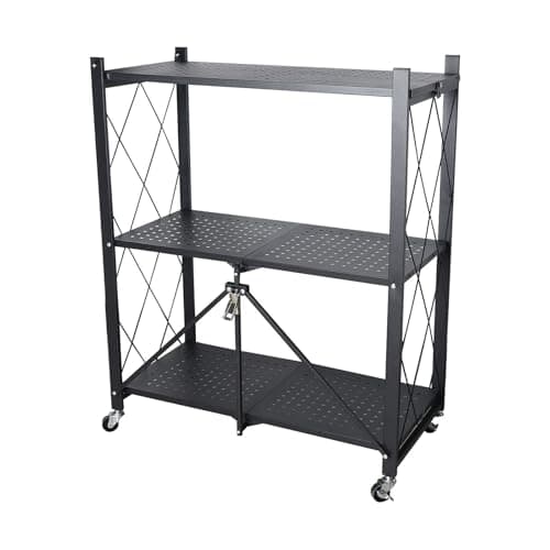 Deturprostore 3-Tier Foldable Metal Kitchen Trolley Rack, Rolling Storage Shelf with Wheels, Perforated Mesh Shelving Organizer, for Kitchen, Home Office & Entryway