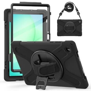 Rugged Case for Galaxy Tab A11+ Plus 11 Inch 2025 Kids, Heavy Duty Shockproof Military Cover with Rotating Stand Hand Strap+Shoulder Strap+S Pen Holder,Black