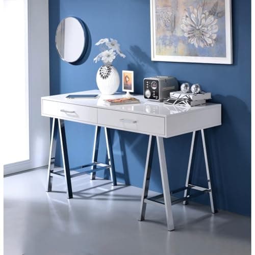 Hassyee Contemporary Rectangular Writing Desk with Built-in USB Port and Plug for Charging Device, Modern Design Home Office Table Desk with Two Storage Drawers (White+Silver)