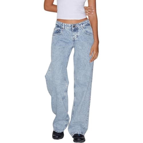 KAJXZ Low Rise Jeans for Women Baggy Washed Straight Leg Denim Pants Casual Distressed Wide Leg Jean Boyfriend Denim Pant Light Blue