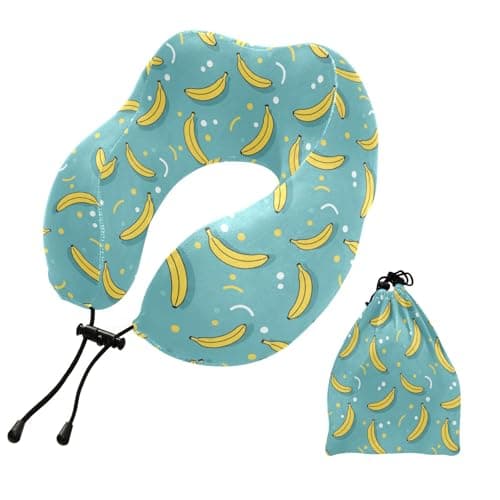 SPRIPORT Bananas Blue Dots Pattern Travel Neck Pillow for Sleeping Airplane Memory Foam Neck Support Pillow with Storage Bag Head Support Pillow for Adults Kids Long Flight Car Train Bus Home Office