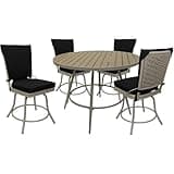 Pemberly Row 5-Piece Patio Dining Set, 42 in Round Table, Powder-Coated Aluminum Frame, Black and Beige Finish, Removable Cushions, Outdoor Indoor Use, PE Wicker Back, 360-Degree Swivel Chairs