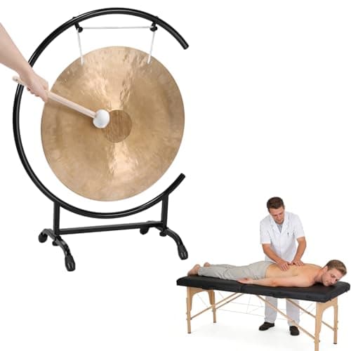 ASIEIT Chinese Gongs on High C Stand, 18 Inch Chinese Percussion Instrument Brass Gong with C Stand & Mallet for Home Office Party Yoga Gift, Desktop Zen Art for Home Office Celebration