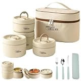 wiilioe Portable Insulated Lunch Container Set, 4 Tier Separate Stackable Stainless Steel Lunch Container with Insulated Lunchs Bag, Bento Box Hot Food Lunch Containers to Microwave (Beige, 4-Tier)