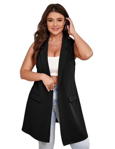 ShopWonder Women's Plus Size Sleeveless Blazer Lapel Single Button Casual Work Office Jacket Vests with Pockets Black 3XL