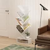 Furinno 7-Tier Tree Book Shelf with Bottom Shelf, White Bookshelf, Tree Bookcase, 8.4 x 16.9 x 46.2, for Living Room, Bedroom, Home Office, Plain White