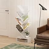 Furinno 7-Tier Tree Book Shelf with Bottom Shelf, White Bookshelf, Tree Bookcase, 8.4 x 16.9 x 46.2, for Living Room, Bedroom, Home Office, Plain White