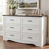 Loomie Farmhouse 6 Drawer Dresser for Bedroom, Wood Dresser Chest of Drawers, Wide Dressers Organizer with Metal Handles, Natural Texture Storage Cabinet for Closet, Living Room, Hallway, White