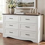 Loomie Farmhouse 6 Drawer Dresser for Bedroom, Wood Dresser Chest of Drawers, Wide Dressers Organizer with Metal Handles, Natural Texture Storage Cabinet for Closet, Living Room, Hallway, White