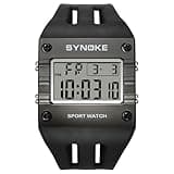 CARLIEN Mens Retro Sport Digital Multifunction Big Face Rectangular Square Watch EL Backlight PU Strap Stopwatch Alarm Date Casual Wristwatch (B Black)