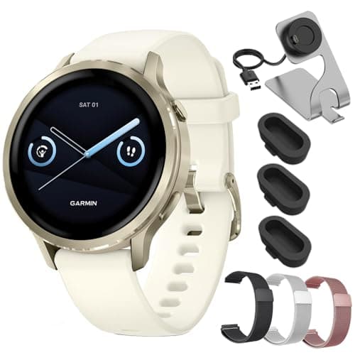 Garmin Venu 4 41mm Health & Fitness GPS Smartwatch Lunar Gold with Bone Silicone Band 010-03013-00 Bundle with Deco Essentials 18mm Metal Bands 3 Pack, Charging Dock and Silicone Dust Cover 3 Pack
